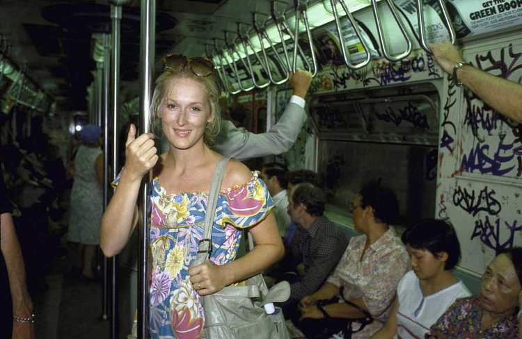Meryl Streep rides the subway in August 1981