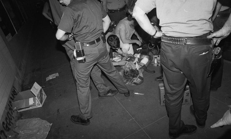 1970's: After a senseless subway attack, 17-year-old music student Renee Katz receives medical attention after her right hand was severed when she was pushed in front of a moving train at the 50th St. station.