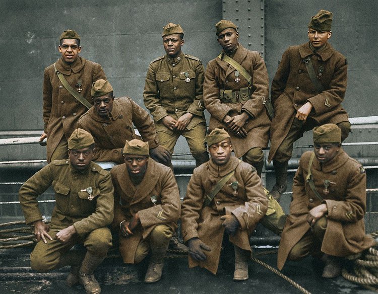 Harlem Hellfighters back from WWI, wearing the Cross of War medals, 1919.