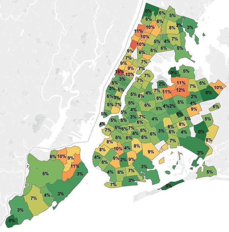 NYC Health Inspection Data - % of Restaurants by ZIP Code Rated Worse than “A”