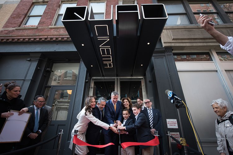 Mayor Bill de Blasio and MOME Commissioner Julie Menin attend a ribbon-cutting ceremony for the relaunch of the Quad Cinema in Greenwich Village on Thursday, April 13, 2017.