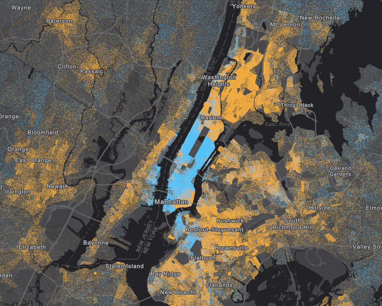Income Inequality in New York City (screenshot). Blue dots represent incomes over $150k, orange dots < $150k.