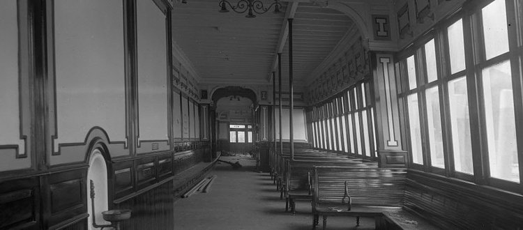The interior view of the men's cabin aboard the ferry boat Manhattan, circa 1920.