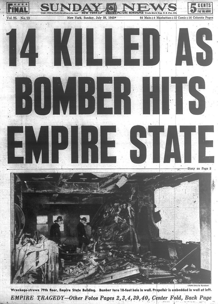 New york Daily News covers the B-25 Empire State Building crash on July 28, 1945.