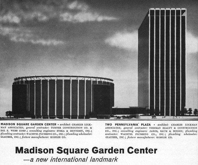 Madison Square Garden IV, designed by Charles Luckman Associates. This may surprise no one, but their other claims to fame include designing both Kennedy Space Center in Florida and Johnson Space Center in Texas.