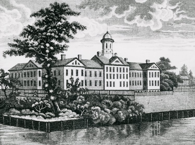 Opened in 1816 on the old Bel-Vue estate bordering the East River, the so-called Bellevue Establishment was the largest and most expensive building project in the city's history to date, containing an almshouse, an orphanage, a lunatic asylum, a prison and an infirmary. An infectious disease hospital would be added in 1826.