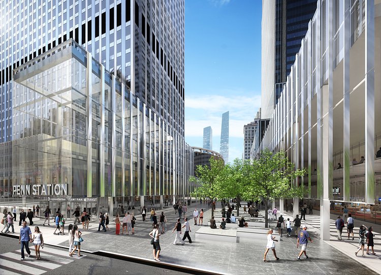 Empire Station Complex: 33rd Street Entrance by Day | Close 33rd Street and use skylights and new entrance to bring natural light to the concourse below. 