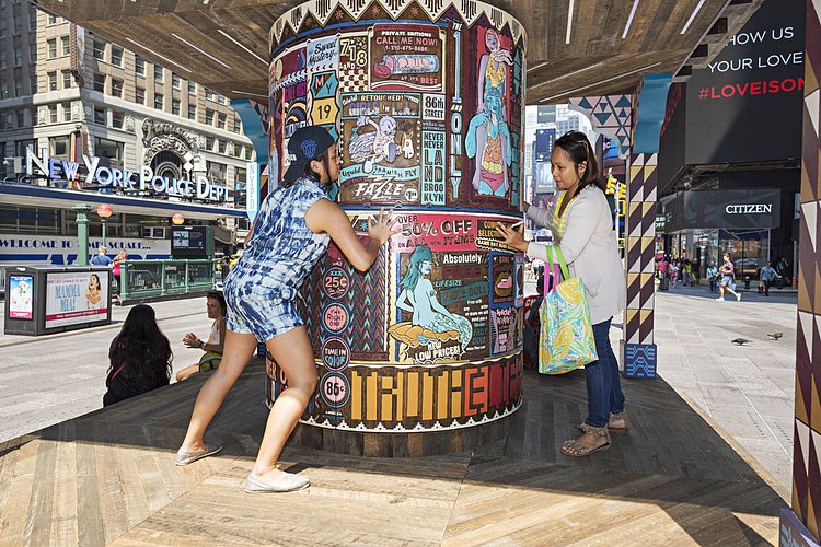 FAILE: Wishing on You | FAILE: Wishing on You
August 17, 2015 - September 1, 2015

Brooklyn-based artist collaboration FAILE bring FAILE: Wishing on You, an installation reimagining Asian prayer wheels in the context of Times Square’s kaleidoscopic history, to the Broadway plaza between 42nd and 43rd Streets.  Artists Patrick McNeil and Patrick Miller are using this piece, their largest to date, to re-imagine Times Square - a sacred American landscape known both for bright lights and the gathering of many communities.  In collaboration with Brooklyn Museum.  

Photo courtesy of Ka-Man Tse for @TSqArts.