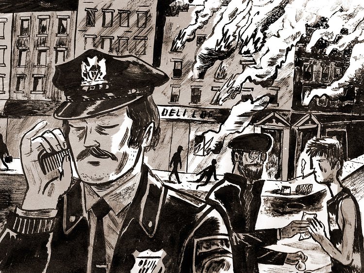 Third Street and Avenue B, 1977. While a beat cop is preoccupied with combing his sideburns, an open-air heroin bazaar flourishes in the East Village. Note that while all of the streetlamps have been pilfered, the scene is still fully illuminated by a nearby tenement building that was torched by a landlord angling for an insurance payout.