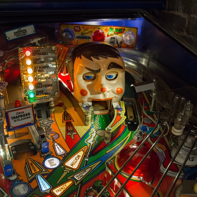 A detail of the Fun House pinball machine.
