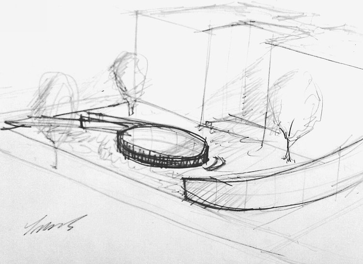 At one corner, a conjoined ramp and staircase descend at a gentle angle, drawing in natural light as well as curious visitors. At the bottom, the main exhibition space is open to the sky with a mikveh at its center, signifying purity.