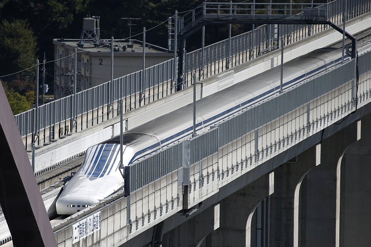 A magnetic levitation (maglev) train developed by Central Japan Railway Co.
