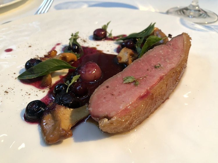 Dry aged duck with wild blueberries and chanterelle mushrooms.