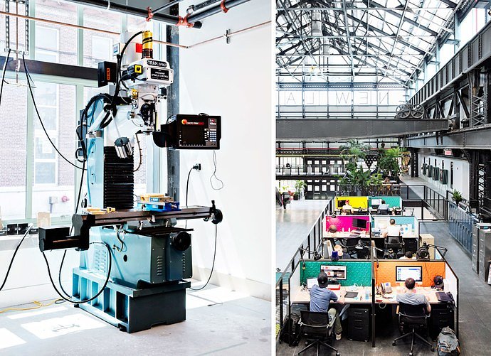 Left, a milling machine in the prototype shop; Right, New Lab, a center for engineers, designers, and entrepreneurs under one roof.