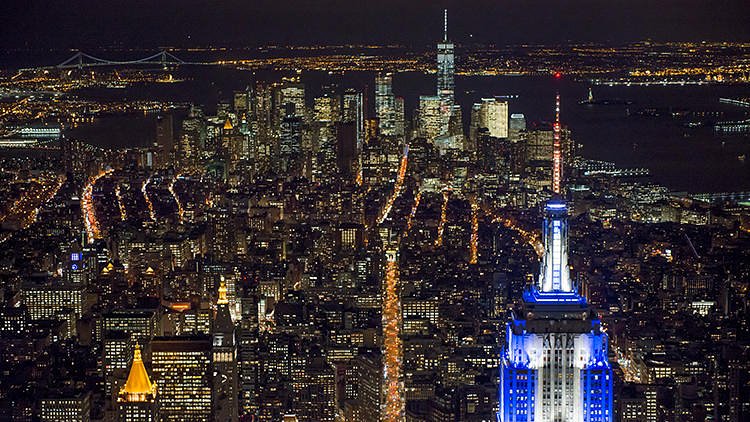 Empire State Building and World Trade Center; looking downtown