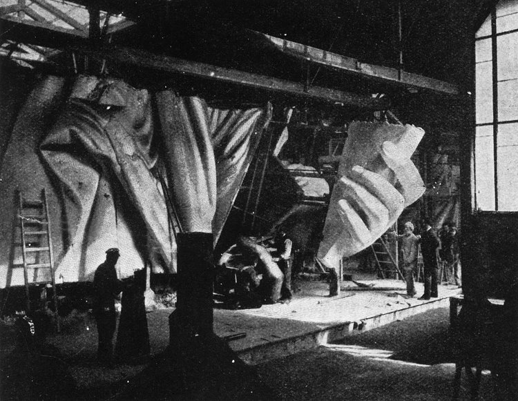 The left hand of the Statue of Liberty under construction, circa 1884.