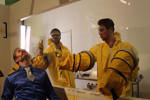 Getting sprayed down at the "Decontamination Station."