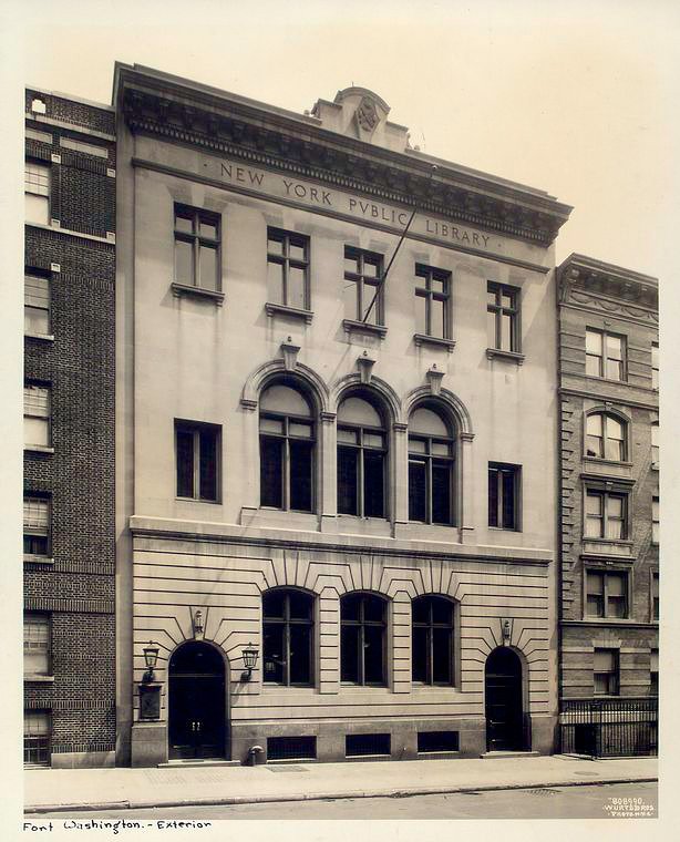 The exterior of the Fort Washington library the year it opened, 1914. The top floor windows are for the apartment.