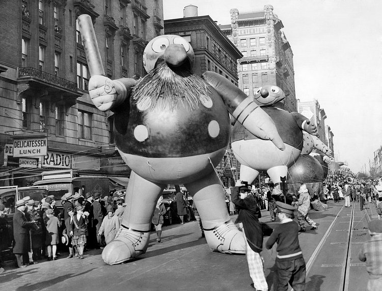 Dec. 8, 1929: Thirty-foot-tall cartoon Katzenjammer Kids marched — or rather, floated — in the Macy’s Thanksgiving Day Parade to “an unknown destination.” The Katzenjammer Kids was a popular comic strip by Rudolph Dirks (later joined by Harold H. Knerr), who also created the spin-off strips Hans and Fritz and, eventually, The Captain and the Kids.