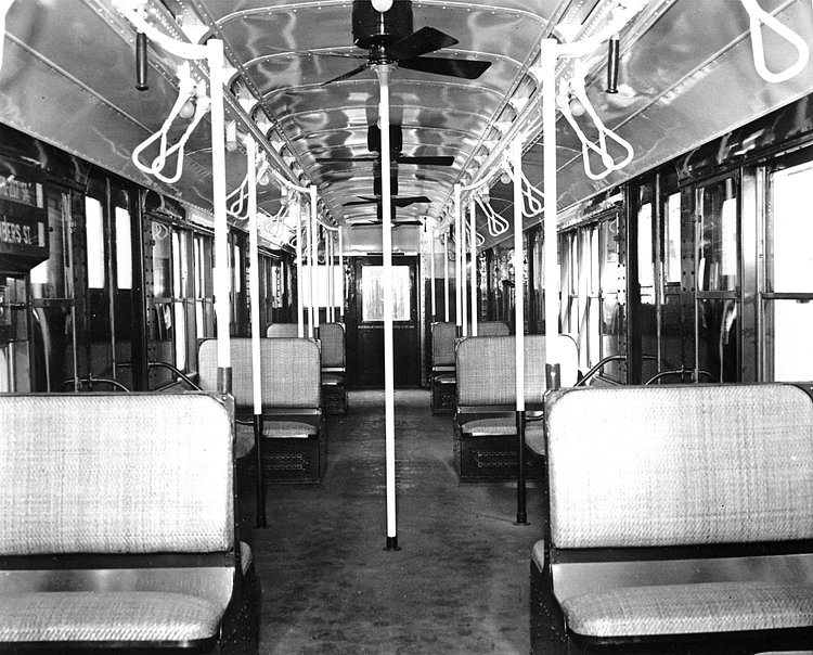 This is an interior view of the new 8th Avenue subway car in New York City, May 1937.