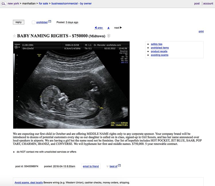 Craigslist: BABY NAMING RIGHTS - $750000 (Midtown)
