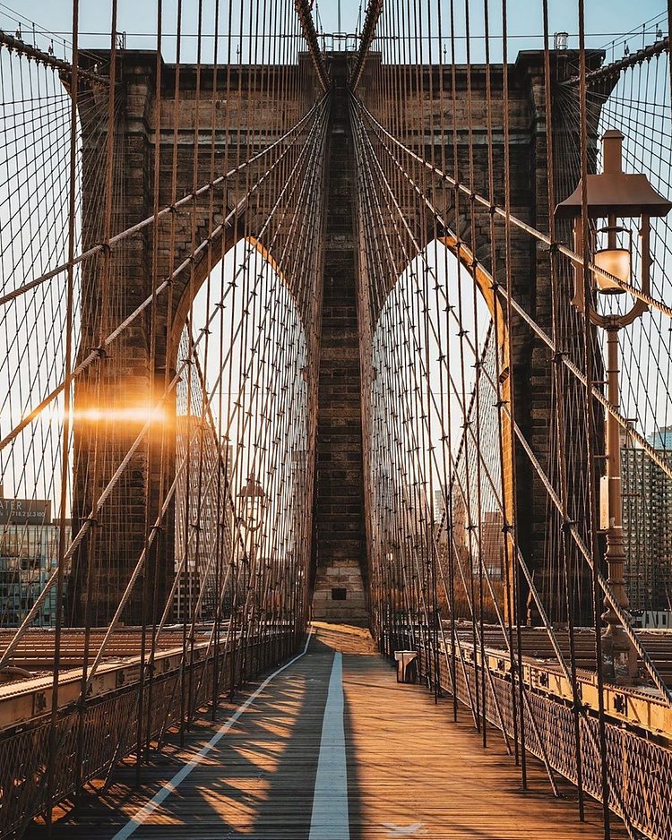 Sunrise on the Brooklyn Bridge. Photo via @joethommas #viewingnyc #nyc #newyork #newyorkcity #brooklynbridge #sunrise