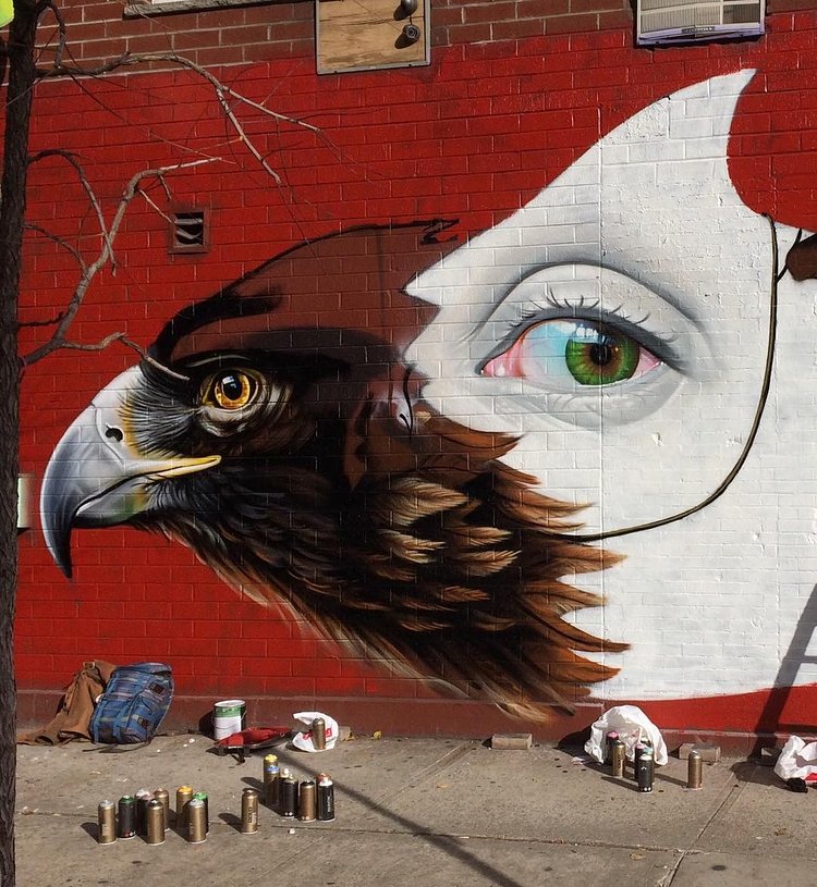 Almost there #freehand #sprayart #streetart #mural #newyork #mask #eye #eagle