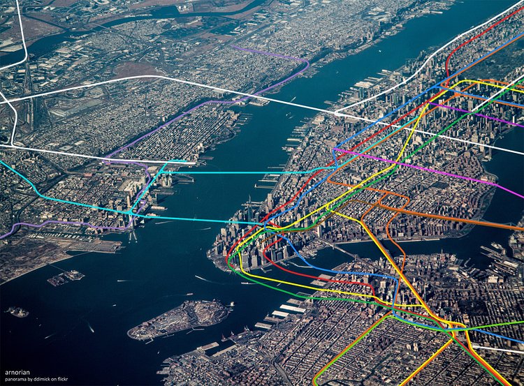 Sky view of New York City and its rapid transit network.