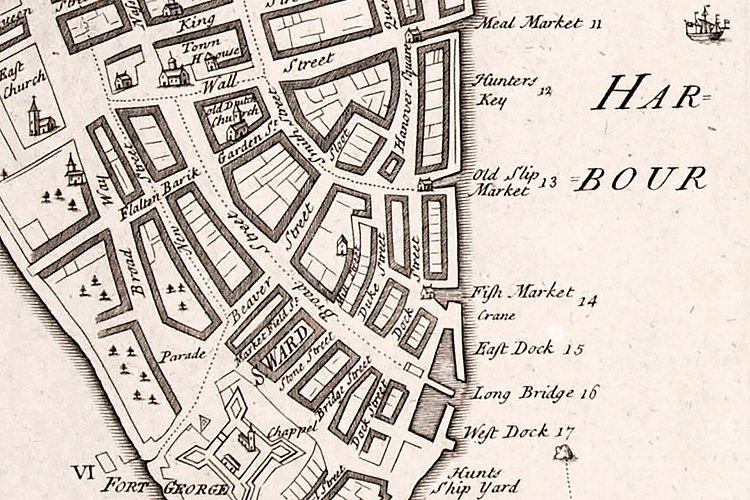 A detail of the Carwitham Plan showing Lower Manhattan. The first synagogue consecrated in North America, in 1730 in New York, is designated on the map by a little house on Mill Street.