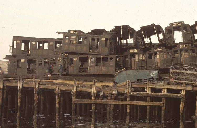 Pier with old subway cars, South Brooklyn, 1970