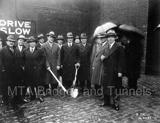 Engineers and other folks involved in the project group for the project groundbreaking in 1936.