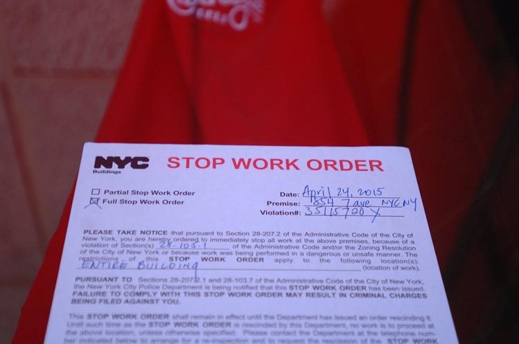 Building inspectors slapped a stop work order on the New York City establishment Friday.