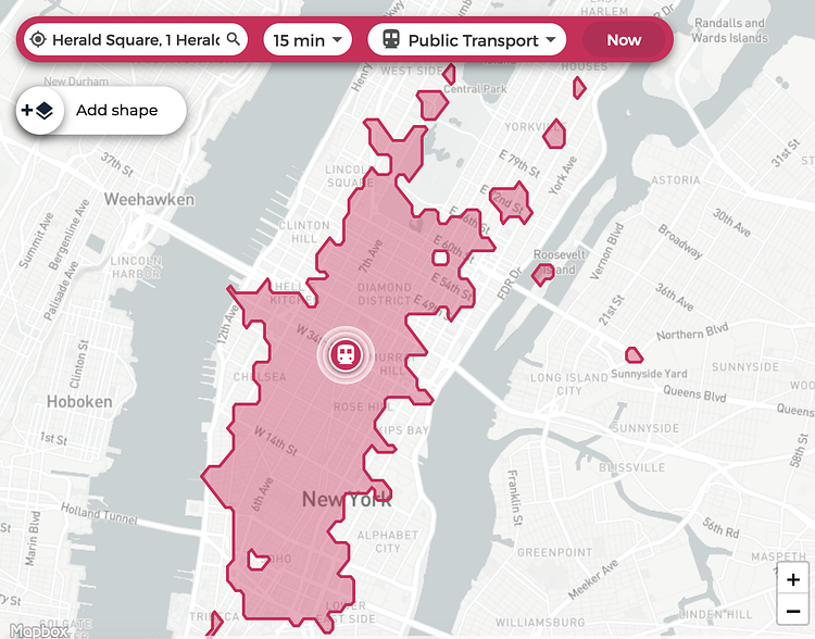 Distance you can travel from Herald Square in 15 minutes. TravelTime (screenshot)