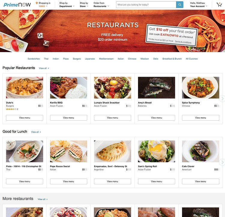 Amazon Prime Now Restaurant Delivery in Manhattan
