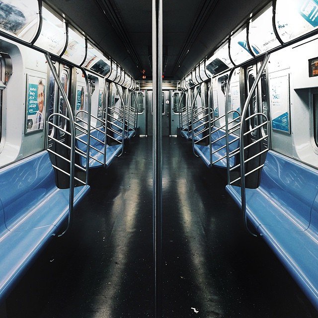 Symmetrical Subway Solitude #Ltrain #NYC #blue #black #symmetry #subway #NY #manhattan