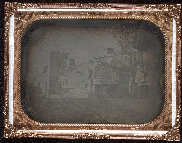 A daguerrotype of the Unitarian Church on the east side of Broadway across Waverly Place. Fall 1839 or winter 1840, by Samuel F.B. Morse and John William Draper