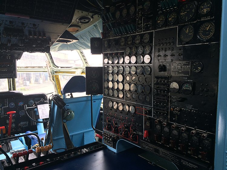 Inside the cockpit of the Boeing Stratofreighter on the day the volunteers tested the landing gear.