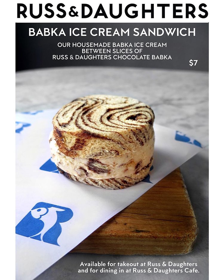 Russ & Daughters BABKA ICE CREAM SANDWICHES are now available for takeout from the shop AND for dining in at Russ & Daughters Cafe (downtown)! Wrapped in classic Russ & Daughters wax paper, and perfect for this beautiful spring weather! Our housemade babka ice cream is sandwiched between slices of chocolate babka that we’ve baked at Russ & Daughters Bagels & Bakery. As seen in @bonappetitmag and USA Today!​ #AppetizingSince1914