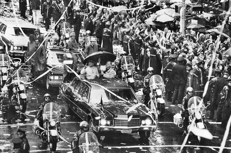 October 3, 1979: An ebullient pontiff, thrown a ticker-tape parade by overjoyed New Yorkers, was shielded from the rain by an umbrella held by Terence Cardinal Cooke, the Archbishop of New York. At a gathering at Madison Square Garden, Pope John Paul II was cheered by thousands of teenagers. “If he’d put that guitar around his neck,” said one headmaster of a Catholic high school, “the kids would have blown the roof right off the Garden.”