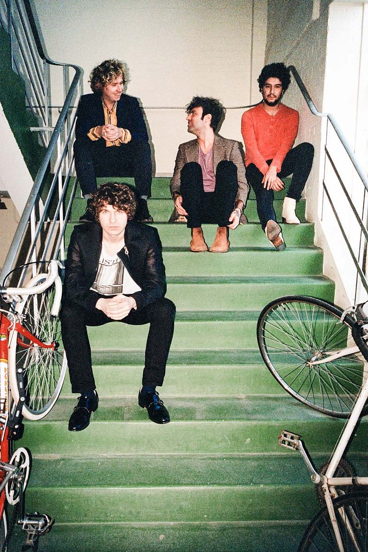 Press shot of The Kooks: (Top left to right) Hugh Harris, Pete Denton, Alexis Nunez, and Luke Pritchard (Bottom left) 