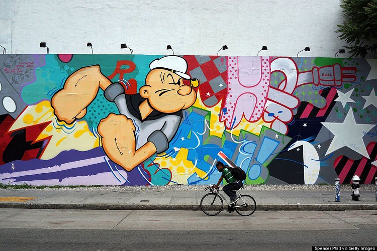 A work of street art on the famed Houston Street wall by artist John Matos on June 6, 2013 in New York City.