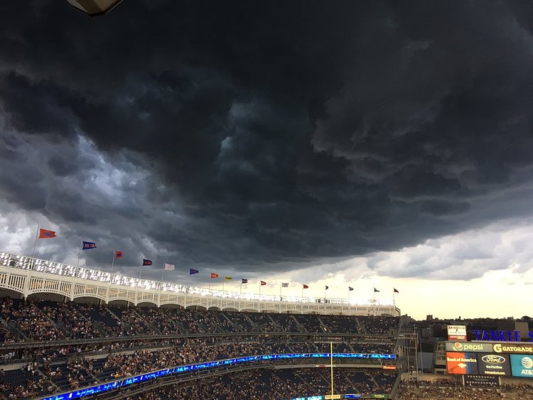 Storm clouds over Yankee Stadium tonight