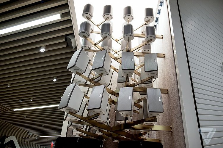 The Wall of Sound, a massive sculpture of Sonos Speakers
