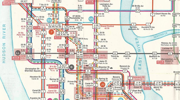 After D'Adamo's map won a redesign competition held by the Transit Authority, this is what the city's designers came up. It's the first color-coded map for the New York City subway system.