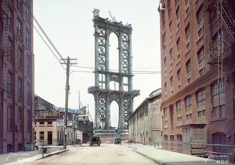 Manhattan bridge under construction in 1908, as seen from Washington St. and Water St. in Dumbo, Brooklyn.