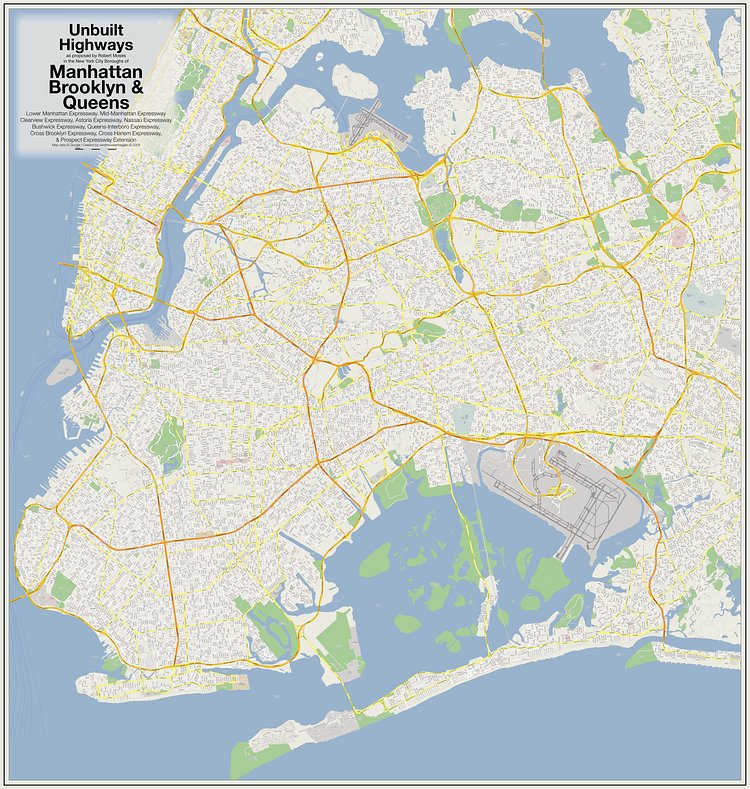 Unbuilt Highways of Manhattan Brooklyn & Queens | Unbuilt Highways as proposed by Robert Moses in the New York City Boroughs of Manhattan, Brooklyn &amp; Queens: Lower Manhattan Expressway. Mid-Manhattan Expressway, Clearview Expressway, Astoria Expressway, Nassau Expressway, Bushwick Expressway, Queens-Interboro Expressway, Cross Brooklyn Expressway, Cross Harlem Expressway, &amp; Prospect Expressway Extension
Map data © Google | Created by vanshnookenraggen © 2009