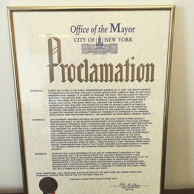 Mayor Bill de Blasio Declares 8/6/15 as \"The Daily Show with Jon Stewart\" Day