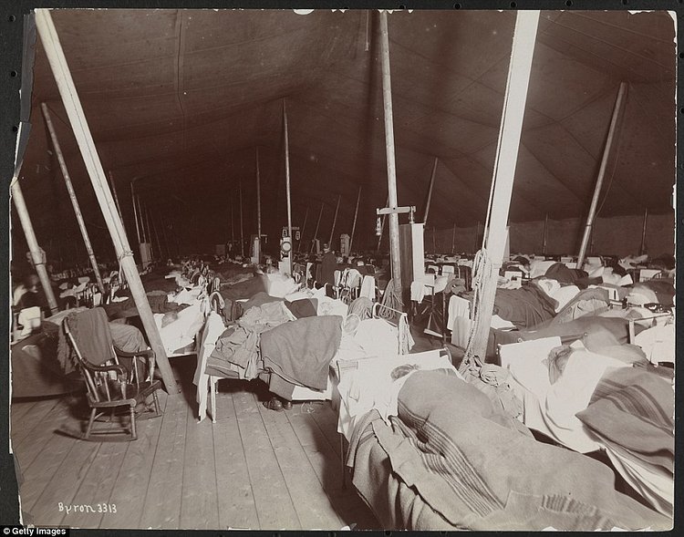 Patients sleeping on beds in a large tent on what was then known as Welfare Island in the mid-1890s. The city's prison was later relocated to Riker's Island, where it remains to this day