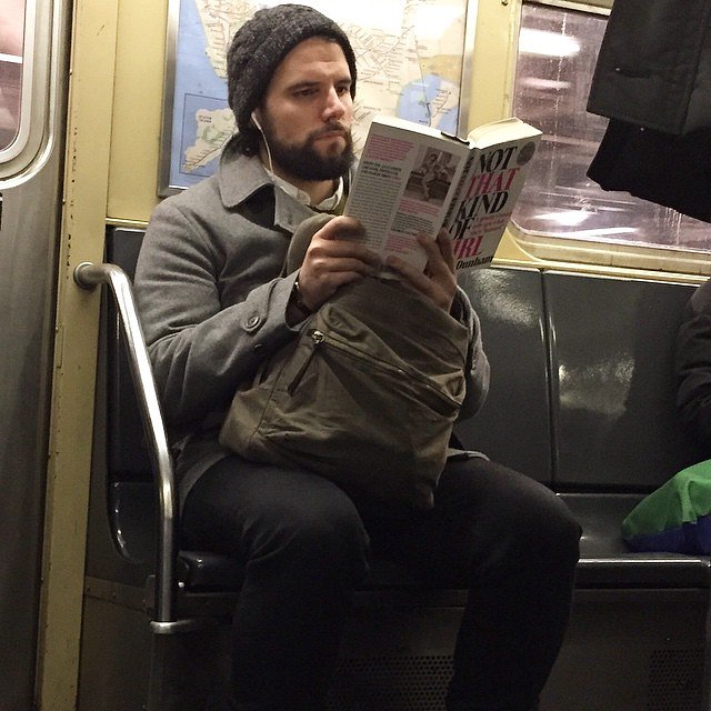 Check out this Brooklyn-bound boss' material. Maybe he's an aspiring actor/writer/producer/director/nudist looking for tips. Doesn't matter, I love a man getting in touch with his feminine side. When will he get in touch with mine? Just kidding. #notthatkindofgirl #hotdudesreading