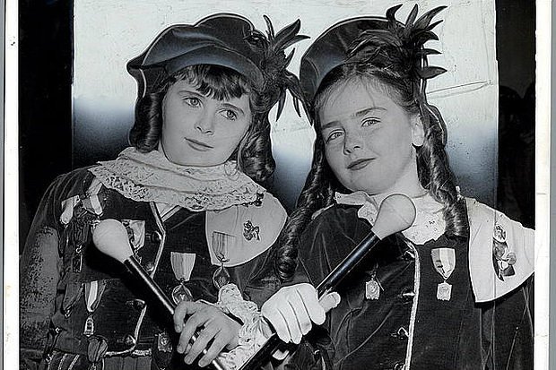 Young members of Bob Barrett's Pipers and Drummers band pose on St. Patrick's Day, 1955.